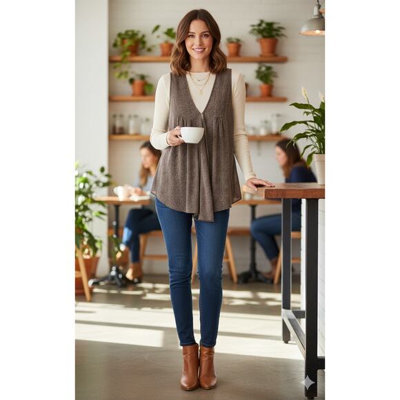 Cabi Women Medium Gray Polka Dots Flowy Lagenlook Chiffon Overlay Vest - Picture 1 of 6